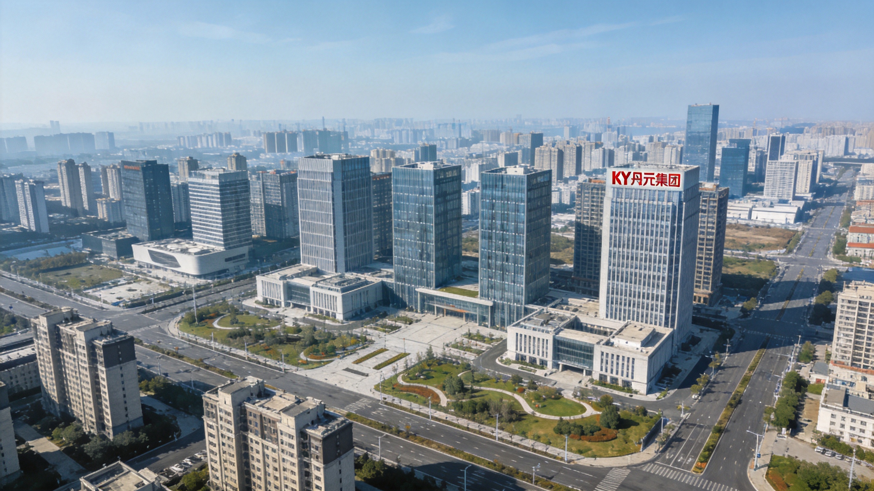 KY开元集团总部城市全景俯瞰图，展现企业现代化发展格局